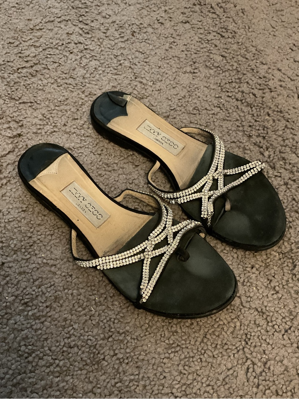 Jimmy Choo Rhinestone Black Leather Flats Sandals Shoes Flip Flops Casual sz 38